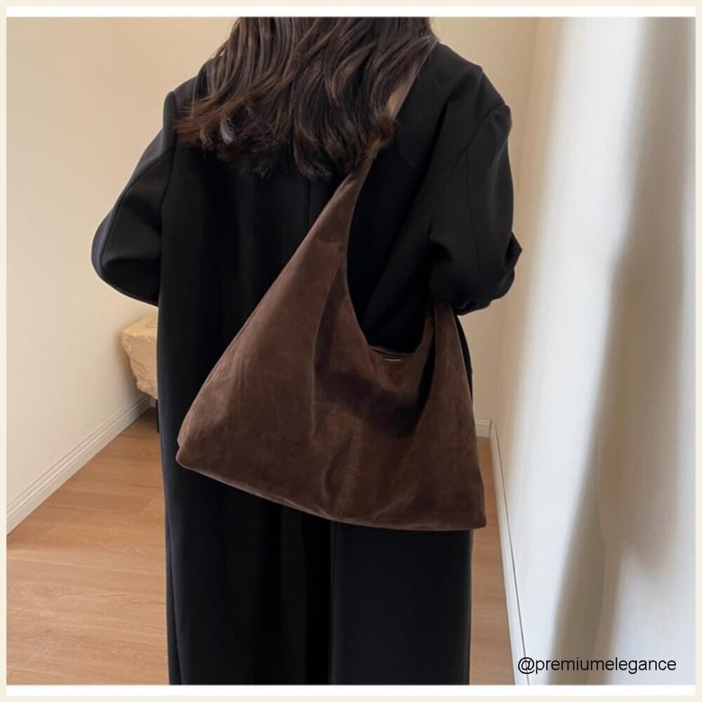 Faux Suede Hobo Tote Shoulder Bag 15.4 Inches Travel Work Purse - Picture 2 of 7